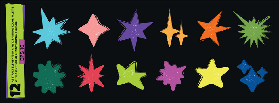 Vector collection of 12 isolated retro funky stars and brutalist geometric shapes in EPS 10 format. Hand-drawn abstract elements in a vivid rainbow color palette with a distressed grainy grunge textur