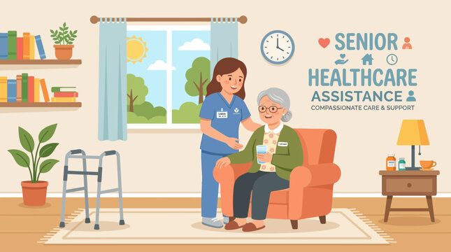 Elderly woman receives home healthcare assistance inside well lit room