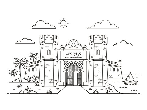 Kuala Kedah Fort outline illustration vector art with palm trees and a boat on water under a sunny sky