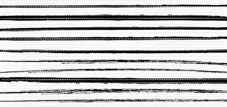 A black and white vector background featuring horizontal textured stripes with a halftone dot pattern and grunge effect on a light dotted backdrop. These hand-drawn artistic brush strokes and dashed l