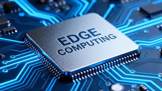 Microprocessor with edge computing text on a glowing blue circuit board with high tech data paths.