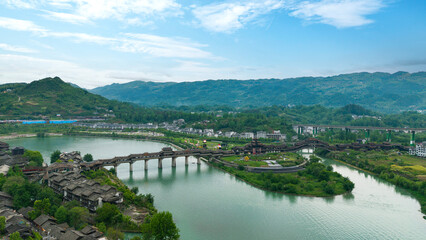 Fototapeta premium Millennium old villages and covered bridges on the river