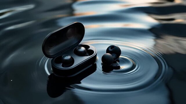 Wireless earbuds in water ripple: tech accessory concept for modern audio lifestyle earphones bluetooth