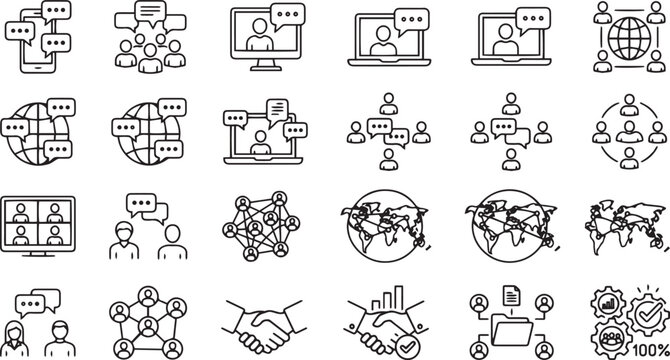 Black and white line collection of animals, people, symbols, and household in grid layout bird horse