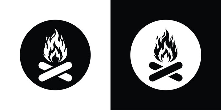 Campfire graphic inside a round circle badge. Minimalist black and white burning bonfire with crossed logs icon for outdoor and camping designs.