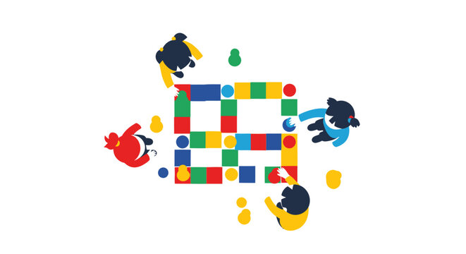 Diverse team collaborating on a colorful modular block game from an overhead perspective, symbolizing teamwork, strategy, problem-solving, and creative thinking.