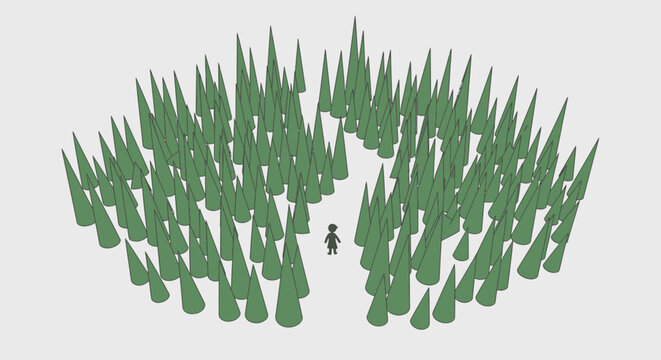 Small figure stands at the edge of a dense, abstract forest of green cones, symbolizing isolation, confusion, or the challenge of finding a path forward.