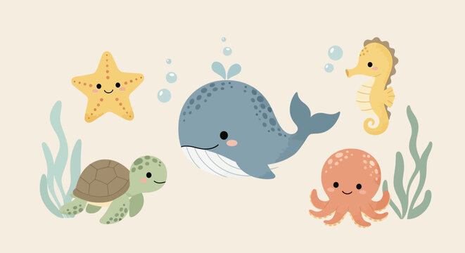 Cartoon sea creatures happy smiling group.