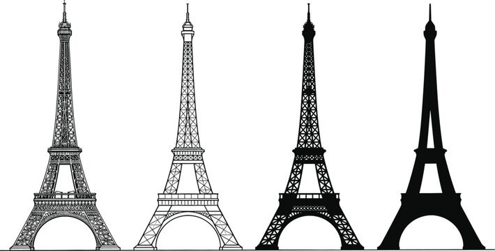 Eiffel Tower Vector Set Featuring Four Different Silhouette Styles of the Iconic Paris Landmark in Black Minimal Design