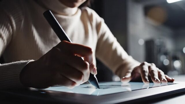 Close up of person using digital pen on tablet in dimly lit room