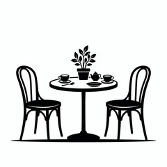 Fototapeta premium Cozy Round Cafe Table with Two Chairs, Coffee Cups, and Plant Decor in Bright Studio
