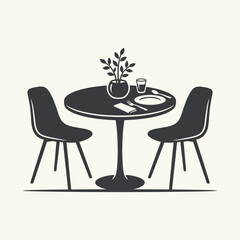 Fototapeta premium Minimalist Round Dining Table with Two Chairs and Plant Decor on an Isolated White Background