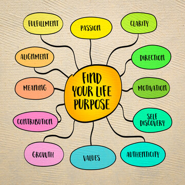 Find your life purpose, the quest for meaning and direction in life. Mind map sketch.