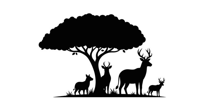Deer Family Under Tree Silhouette Illustration.