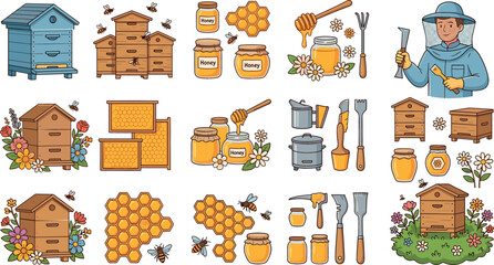 Beekeeping and honey production vector illustration mega set with beehives honeycombs jars apiary tools flying bees and a professional beekeeper character design. © MdShakib