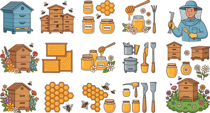 Beekeeping and honey production vector illustration mega set with beehives honeycombs jars apiary tools flying bees and a professional beekeeper character design.