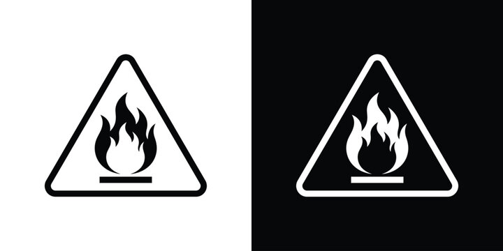 Flammable danger warning sign. Black and white triangle hazard symbol with a fire flame icon for chemical, industrial, and workspace safety labels.