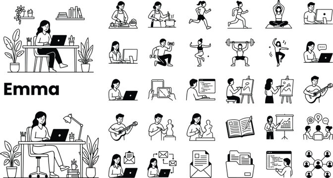 Professional woman lifestyle icon set vector illustration with work fitness creativity communication and daily activity collection