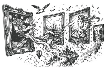Obraz premium Surreal artwork of birds flying around dreamlike framed scenes Vector