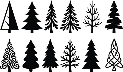 Obraz premium Pine, tree, silhouette, collection, black, evergreen, fir, forest, nature, spruce, conifer, christmas, icons, isolated, on, white, background, wood, plant