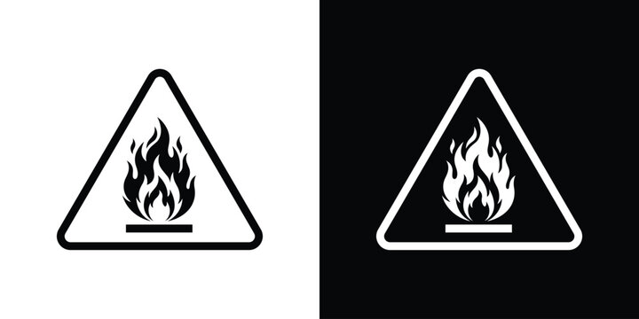Flammable danger warning sign. Black and white triangle hazard symbol with a fire flame icon for chemical, industrial, and workspace safety labels.