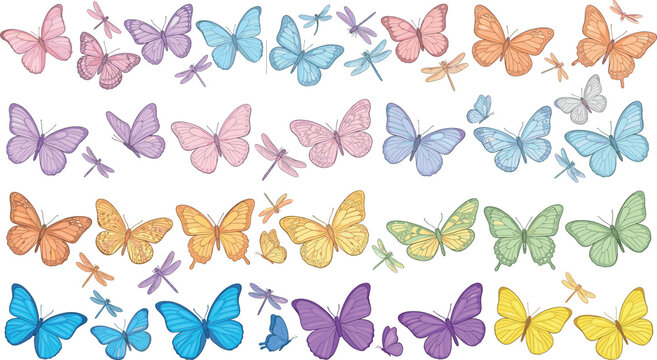 Colorful butterfly and dragonfly vector illustration mega set with pastel watercolor gradient wings for romantic wedding decoration greeting card and spring textile print design.