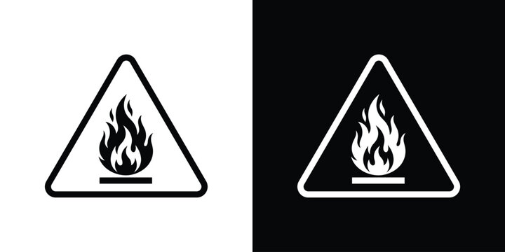 Flammable danger warning sign. Black and white triangle hazard symbol with a fire flame icon for chemical, industrial, and workspace safety labels.
