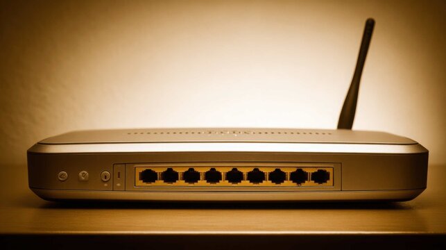 Close-up of a sophisticated modem interface with multiple ethernet ports displaying connectivity options