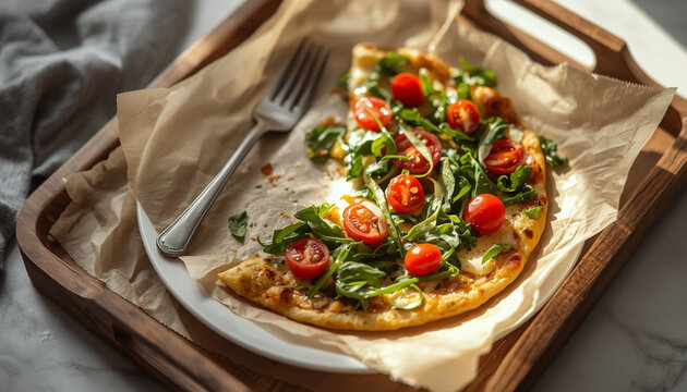 A delicious homemade flatbread pizza topped with fresh cherry tomatoes and arugula served on parchment paper with a fork