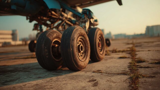 Close-up view of worn airplane landing gear wheels and tire treads on the tarmac