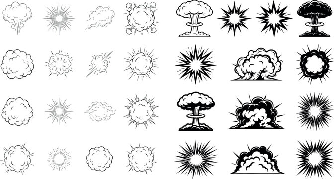 Comic explosion and smoke bomb burst vector illustration set with retro speech bubble shapes flash sparks and mushroom clouds for manga action design.