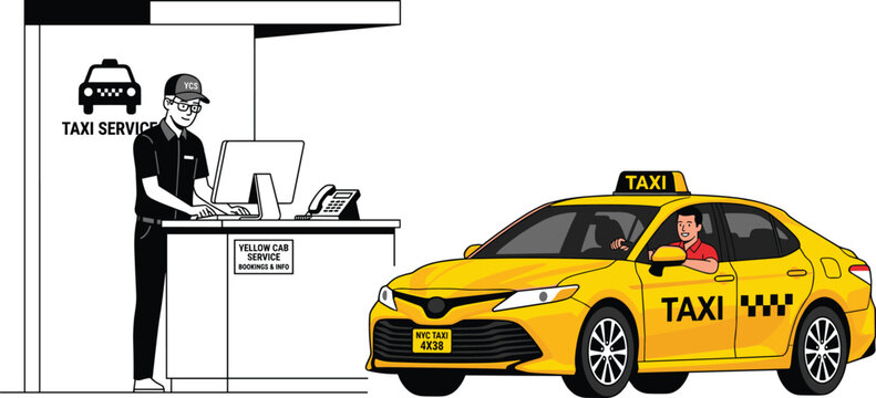 Taxi service booking vector illustration with yellow cab transportation driver and urban passenger pickup concept design