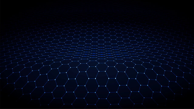 Glowing blue hexagonal perspective grid with 3D wave effect. Interconnected nodes and lines symbolize network connectivity, blockchain technology, science, and data visualization on a dark  backdrop.