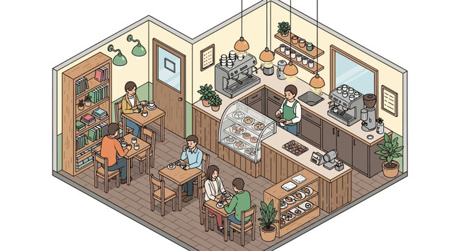 Cozy isometric coffee shop with customers and barista.