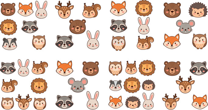 Cute cartoon forest animal faces vector illustration mega set featuring bear fox lion raccoon owl deer and rabbit for kids nursery decoration design.