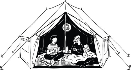 Camping tent interior vector illustration with travelers relaxing inside outdoor shelter during adventure vacation trip experience © Bappi