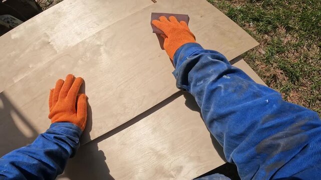 First person view of the process of sanding a wooden board with fine-grained sandpaper. The craftsman works in protective orange gloves with sandpaper in the workshop. DIY concept