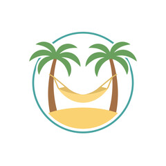 Obraz premium Minimalist illustration of a beach with two palm trees and a hammock