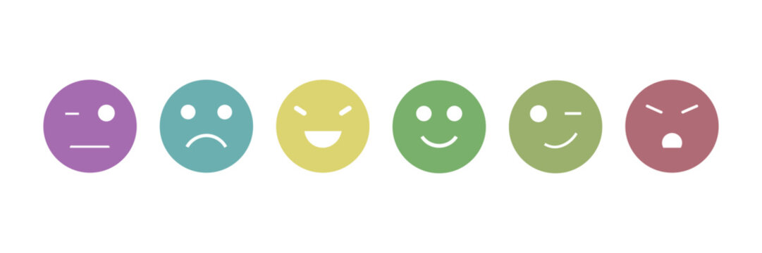 Pastel colored emotion icon set with simple smiley faces representing different moods and reactions. Minimal vector for wellness apps, feedback ratings, mood journals, modern interface designs.