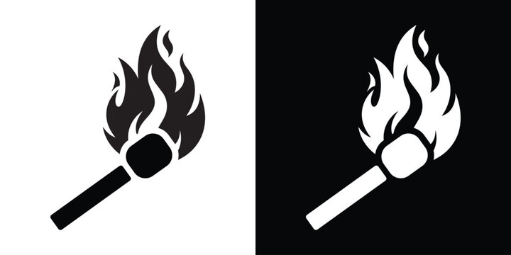 Burning match stick vector icon. Black and white safety match silhouette with a large flame, perfect for fire safety, ignition, or warning labels.