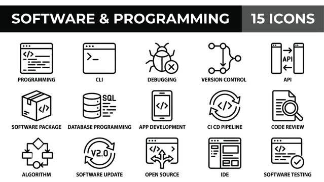 Software and Programming Icons Set: 15 Icons for Development and Technology