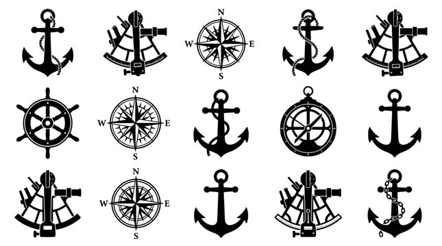 Anchors and compass rose icons set with nautical direction symbols, vintage line art style and detailed gear compass elements