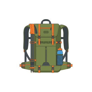 Green hiking backpack with trekking poles and water bottle