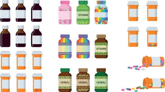 Medical pill bottles and vitamin supplement jars vector illustration set with prescription containers and spilled capsules for healthcare and pharmacy design.