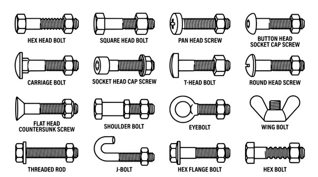 Bolt fastener icons set showing hex head, socket cap, carriage, wing, and eye bolts in clean vector line style