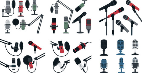 Professional microphone vector illustration set with studio equipment podcast mic stands pop filters and retro designs for audio broadcasting and voice recording. © MdShakib