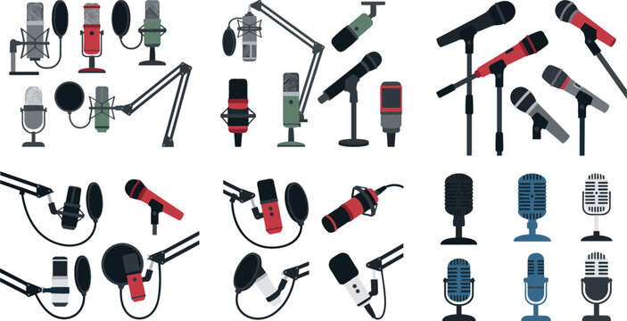 Professional microphone vector illustration set with studio equipment podcast mic stands pop filters and retro designs for audio broadcasting and voice recording.