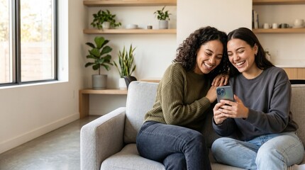Obraz premium Two friends laughing while looking at smartphone chat