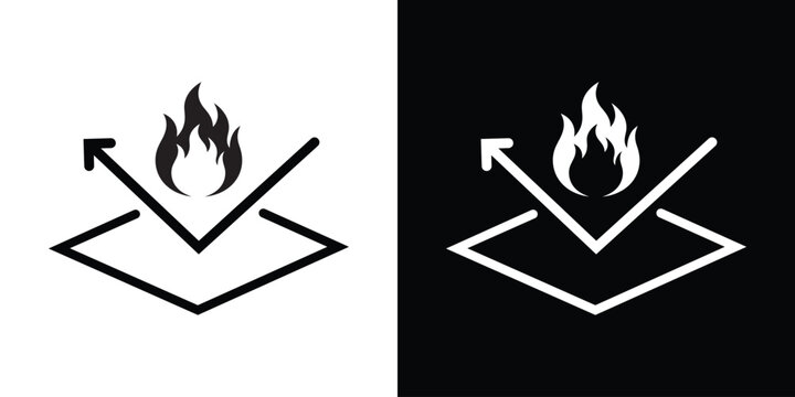 Fire resistant material vector icon depicting a detailed flame reflecting off a protective surface layer with an arrow, shown in black and white graphic styles.