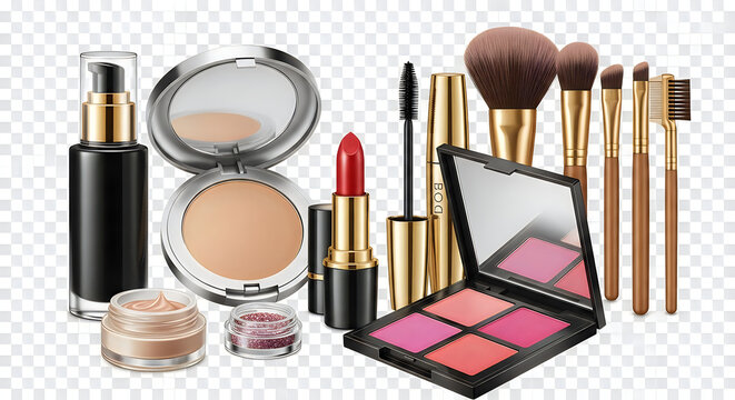 Professional cosmetics kit containing liquid foundation cream blush palette lipsticks and makeup brushes on grid background.